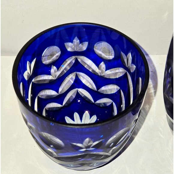 Bohemian Cobalt Blue Cut Glass Bedside Water Vase & Tumbler Set With Floral Etch - Picture 6 of 7